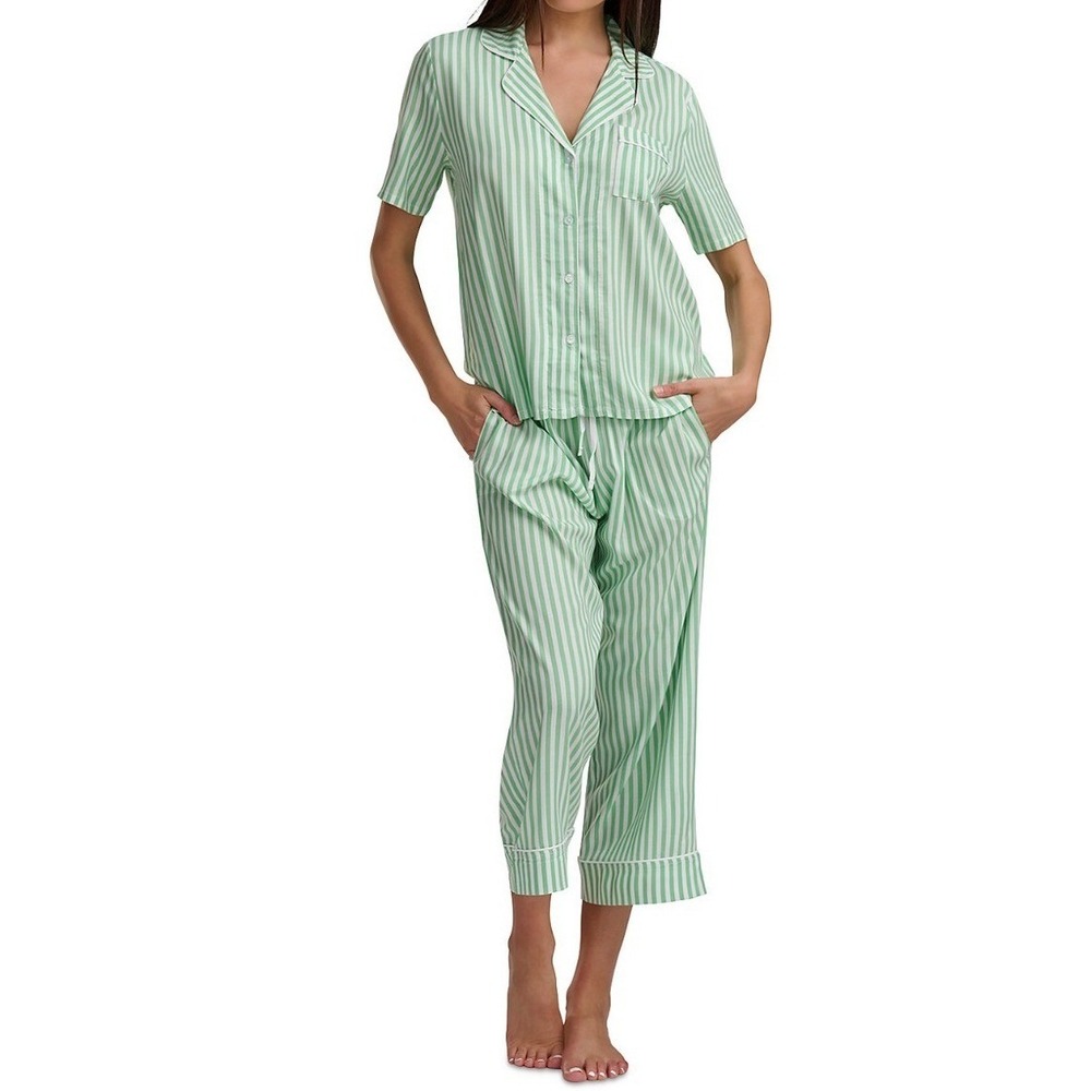 Splendid Notch Collar Cropped Pajama Set Fog Green Stripe XS RLD0299